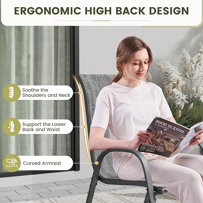 UDPATIO Patio Chairs Set of 8, Stackable Outdoor Dining Chairs with High Back, Breathable Textilene Fabric Outdoor Chair All Weather, 350LBS Capacity for Garden, Backyard (Dark Grey)