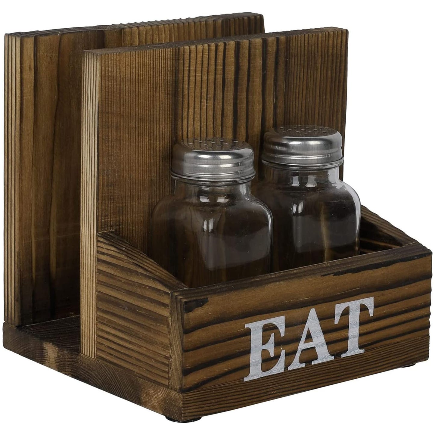 Napkin Holder with Salt and Pepper Shakers Holder for Home Kitchen Table Centerpiece and Commercial Decor, Rustic Solid Burnt Wood & Bold White Printed EAT Design