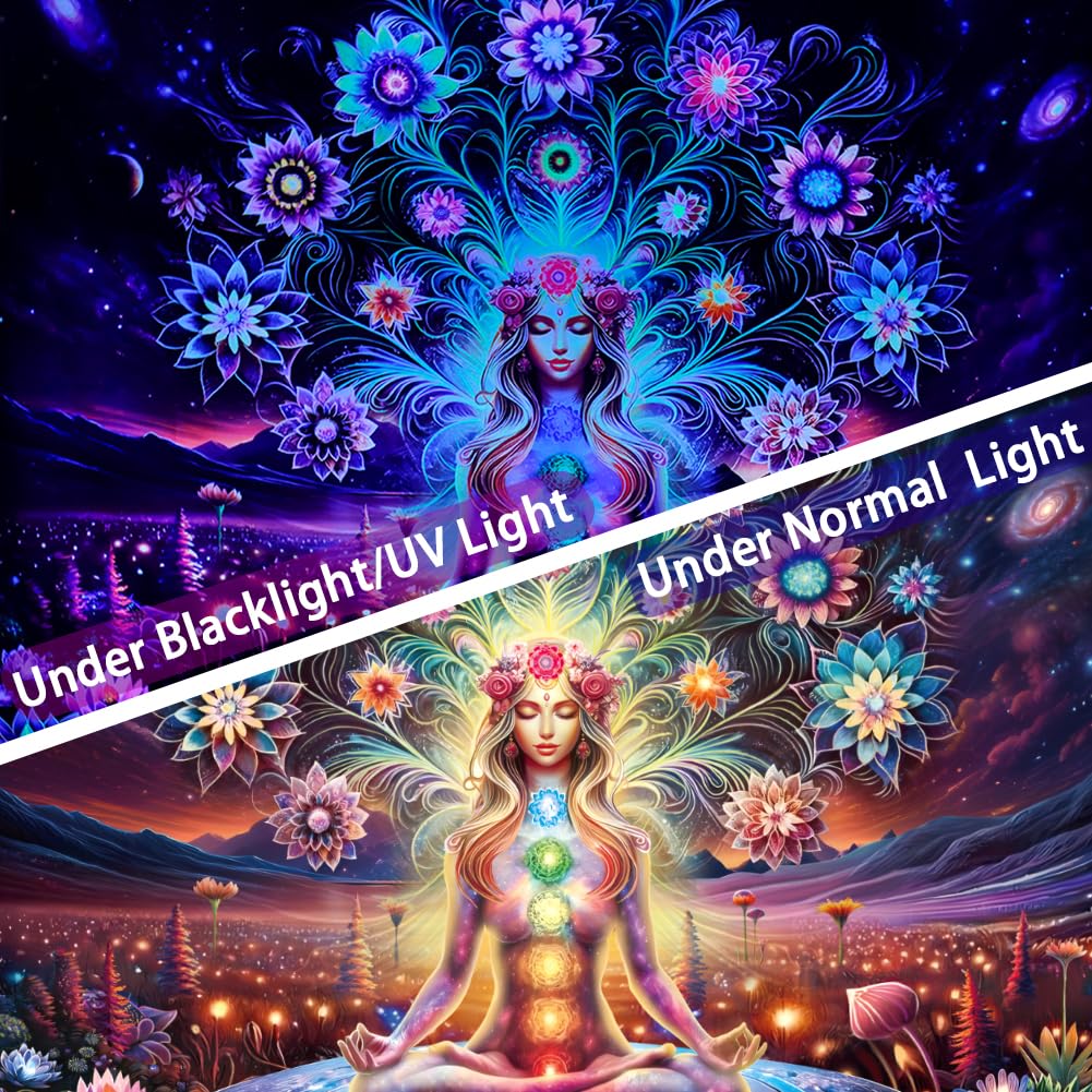 Dermijer Blacklight Seven Chakra Yoga Meditation Tapestry Flower Chakra Tapestries Galaxy Space Planet Tapestry UV Reactive Lotus Tapestries Wall Hanging for Home Decor 78.7L x 59.1W
