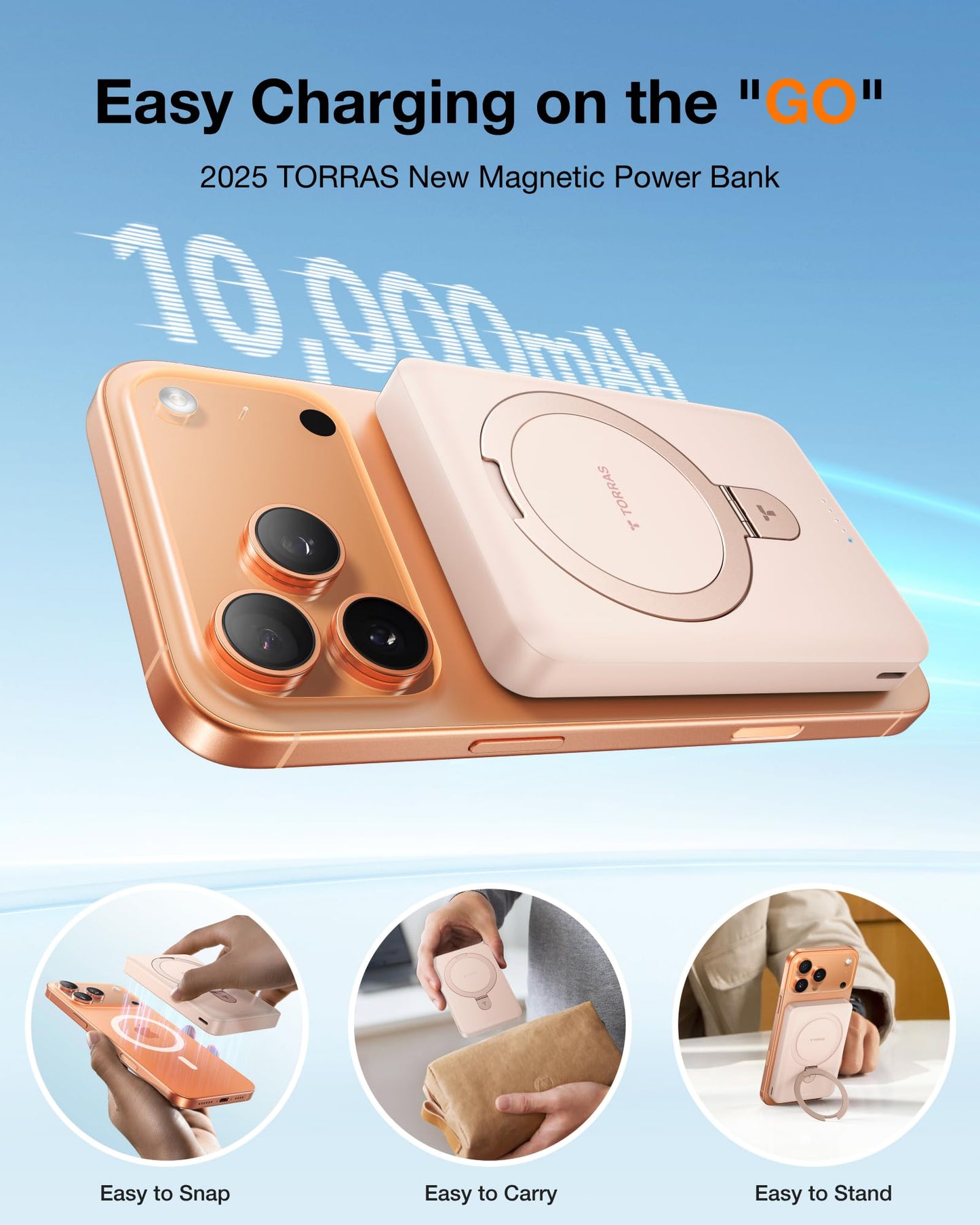 TORRAS EasyGo 0.45" Slim Magnetic Portable Charger Power Bank for iPhone, 5000mAh 22.5W PD Fast Charging Wireless Battery Pack Compatible with Magsafe, iPhone Air,Pro,Pro Max,17,16,15,14,13,12, Black