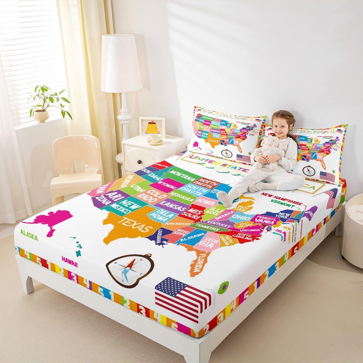 USA Map Fitted Sheet Twin, Geography USA Map Bed Sheet Set for Boys Girls Educational Bedding Set Learning Time Bed Cover 2Pcs (No TOP Sheet)