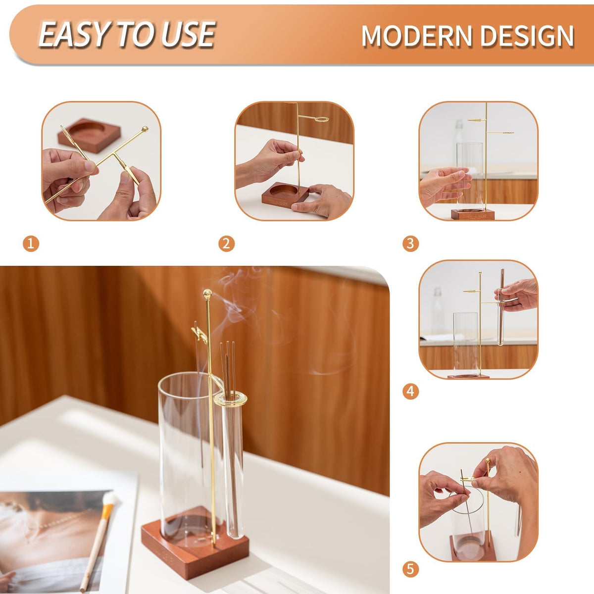 SULUNZEGER Incense Holder for Stick, Glass Insence Burner for Sticks with Removable Anti Ash Catcher & Storage Tube, Wood Cones Holders Stand with Ash Brush, Yoga Spa Madiation Relaxation, Home Decor