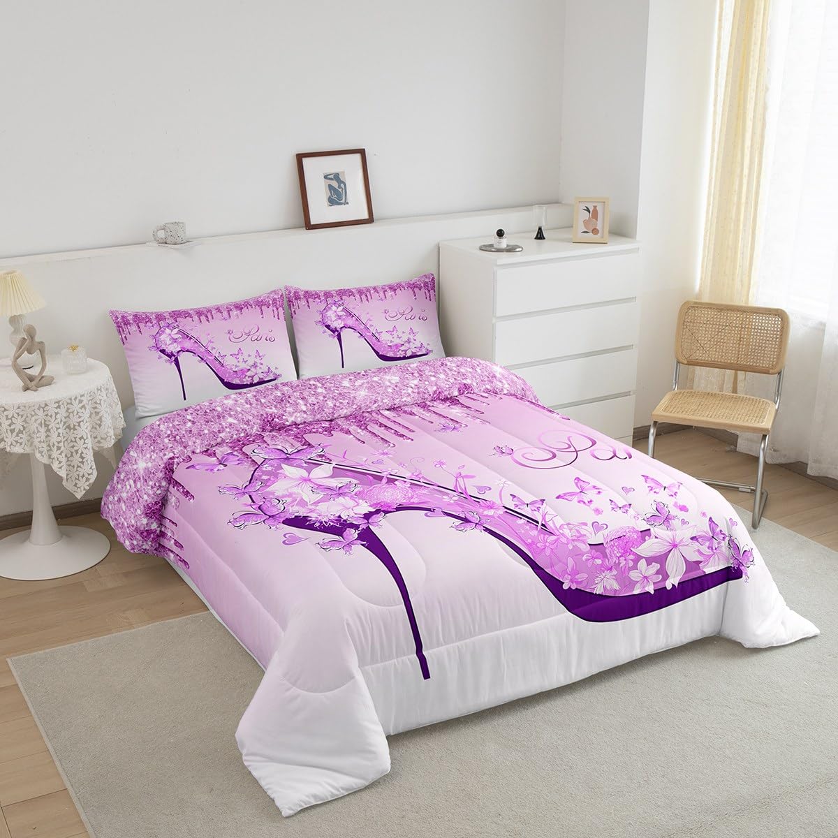 Purple High Heels Comforter Set Queen Size,Romantic Cherry Blossoms Butterfly Paris Bedding Set for Girls Woman Couple Room Decor,Fantasy Glitter Quilt Set Valentine Day Duvet Insert,3pcs