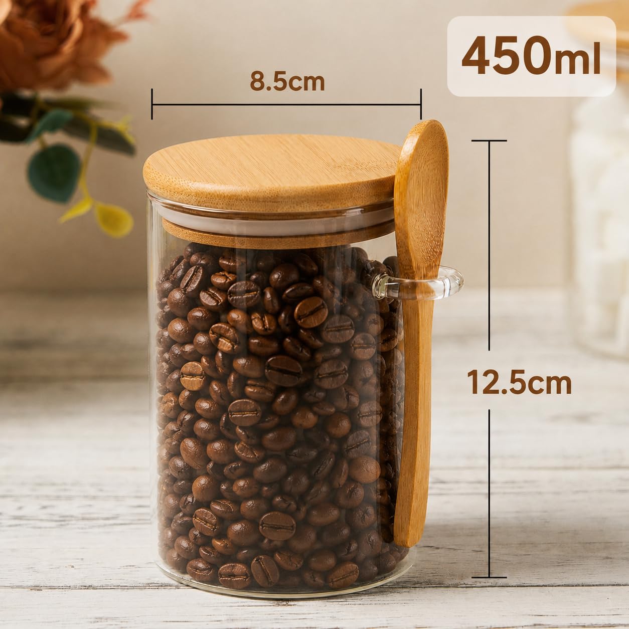 KOIKEY Coffee Sugar Container Salts Jars - 15oz Glass Airtight Caning with Bamboo Lids and Spoons Scoop, Storage Overnight Oats, Spice, Creamer, Food Organizer, Set of 3