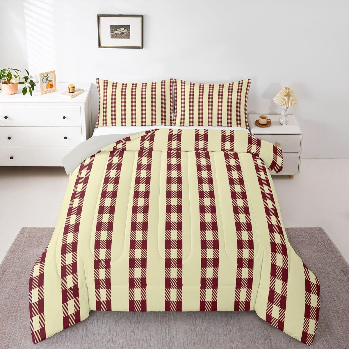 jejeloiu Red Brown Plaid Comforter Set All Season Stripes Bedding Set with 2 Pillow Cases Check Checkered Microfiber Kids Queen Bedclothes Grid Geometric Bedroom Decor Duvet Quilt Breathable Soft