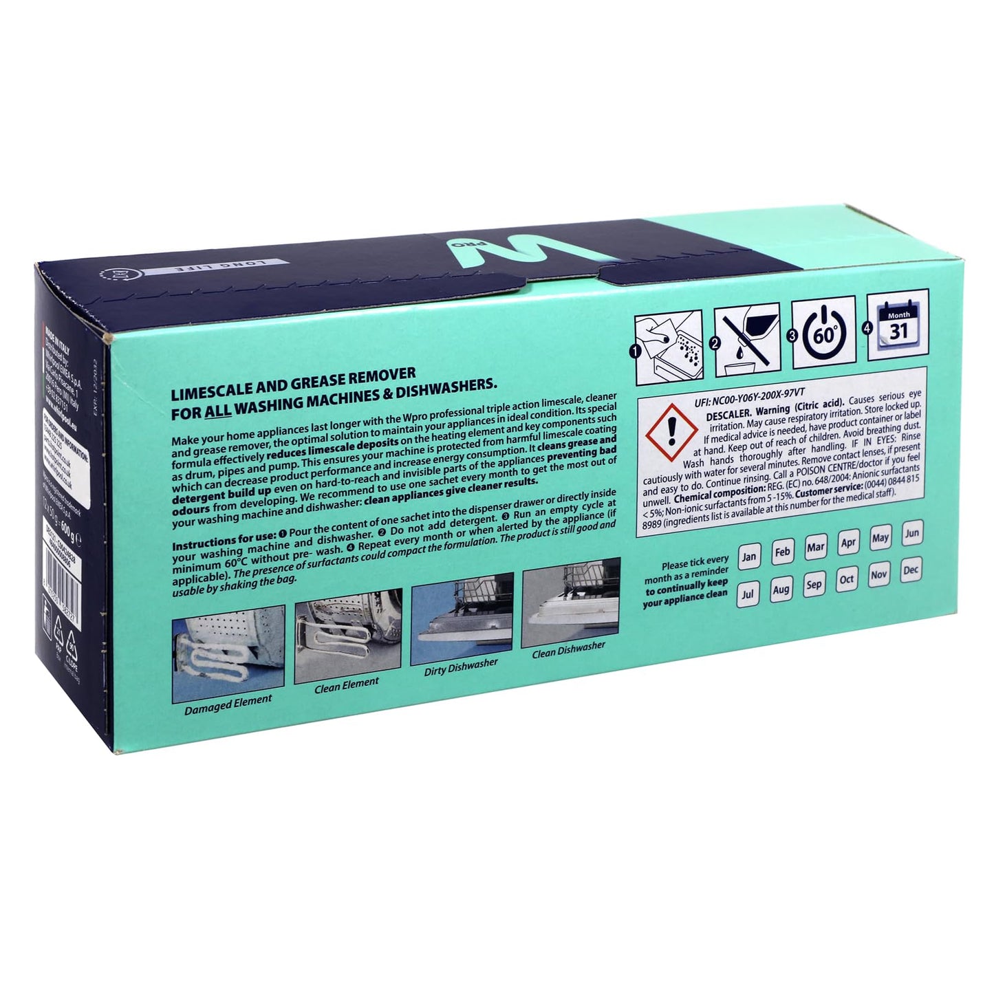 WPRO Indesit Limescale And Detergent Descaler and De Greaser (Box Of 12) Helps Kill Bacteria And Eliminates Odours And Keeps Your Washing Machine Smelling Fresh