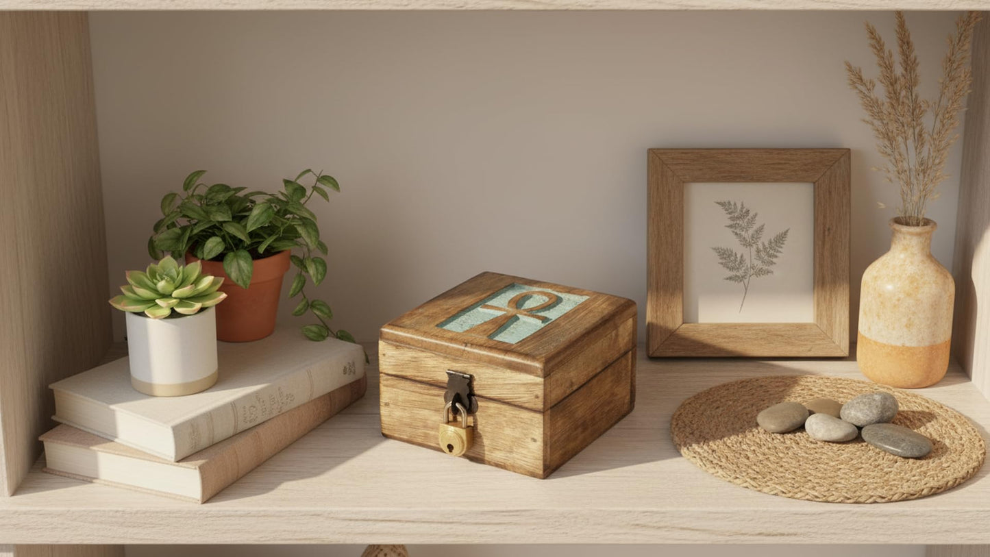 Handmade Decorative Wooden Jewelry Box With Ankh Carving Jewelry Organizer Keepsake Box Treasure Chest Trinket Holder Watch Box Storage Lock Box 4 x 4 Inches Housewarming Gifts (Blue)