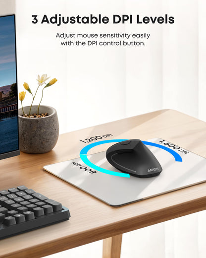 Anker 2.4G Wireless Vertical Ergonomic Optical Mouse, 800/1200 /1600 DPI, 5 Buttons for Laptop, Desktop, PC, Macbook - Black