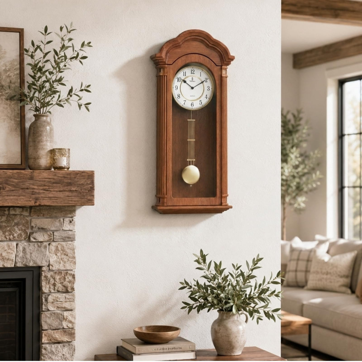 Grandfather Wall Clock with Pendulum — Large Hanging Wooden Battery Operated Non-Chiming Clock 26 x 12 inch - Quiet, Solid Wood Clock for Living Room, Entryway & Home Décor