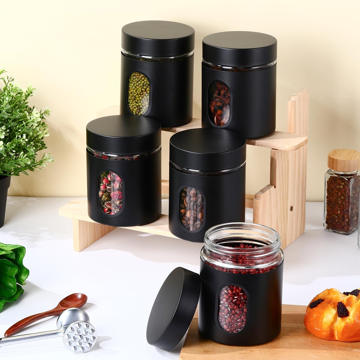 Patelai 6 Pack Kitchen Canisters Set 20 oz Airtight Stainless Steel Canister Food Storage Container with Window Glass, Coffee Sugar Candy Jars Tea Organizer for Flour Cookies Spice Kitchen (Black)