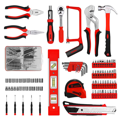 DEKOPRO Tool Set:228 Piece Home Tool Kit, Household Basic Repair Tool Set Comes with Plastic Storage Case, Socket Wrench Set for Car-Red