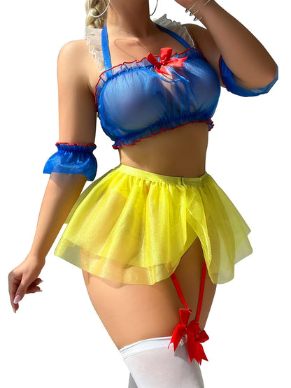 Mixxmix Plus Size Lingerie for Women Sexy Outfits Snow White Lingerie Princess Lingerie Bra and panty Set with Stocking 3XL