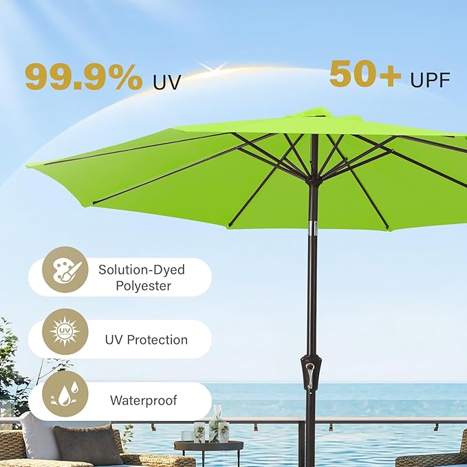 MEWAY 9ft Patio Umbrella Outdoor Table Umbrellas with Push Button Tilt and Crank, Market Umbrella 8 Sturdy Ribs for Deck, Garden, Pool and Backyard, Apple Green