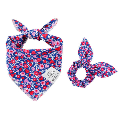 E-Clover Cute Girl Dog Bandanas & Matching Scrunchie Set Heart Dog Bandana Scarf with Bow Hair Ties for Medium Large Dogs Pet Owner Mom Gifts Pink Floral