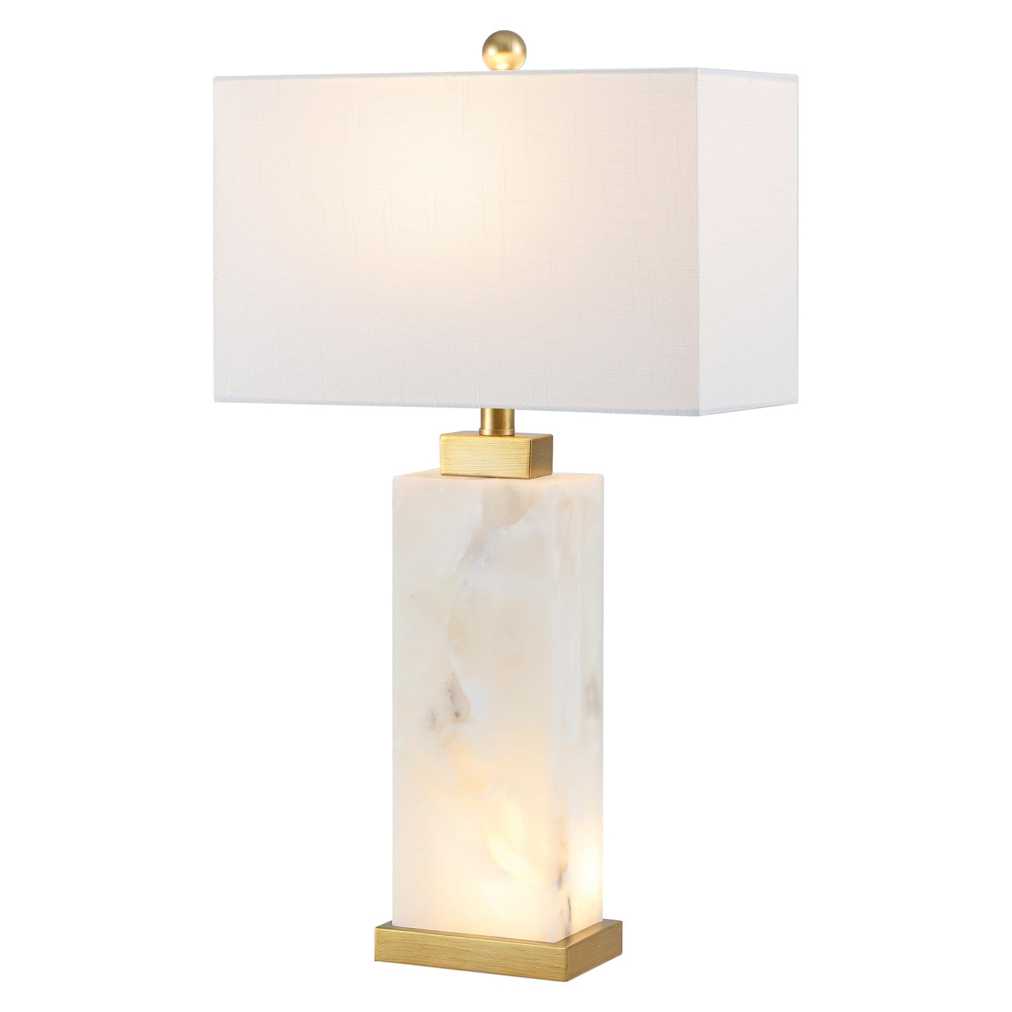 JONATHAN Y 27.5" White/Gold Modern Alabaster Rectangular Table Lamp with Night Light Contemporary Coastal Bedside Lamp for Bedroom with White Linen Shade LED Bulbs Included JYL6201A