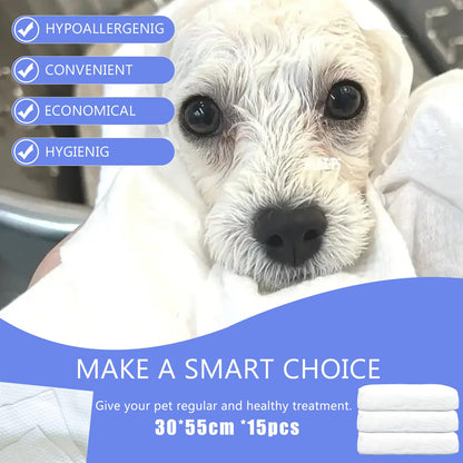 CHANHOO Disposable Pet Bath Towel,15 PCS Portable Pet Grooming Towels,11.8 x 21.6 inch Convenient Pet Cleaning Towel Pet Drying Towels,Absorbent Bath Towel for Small Dog Puppy Cat, White