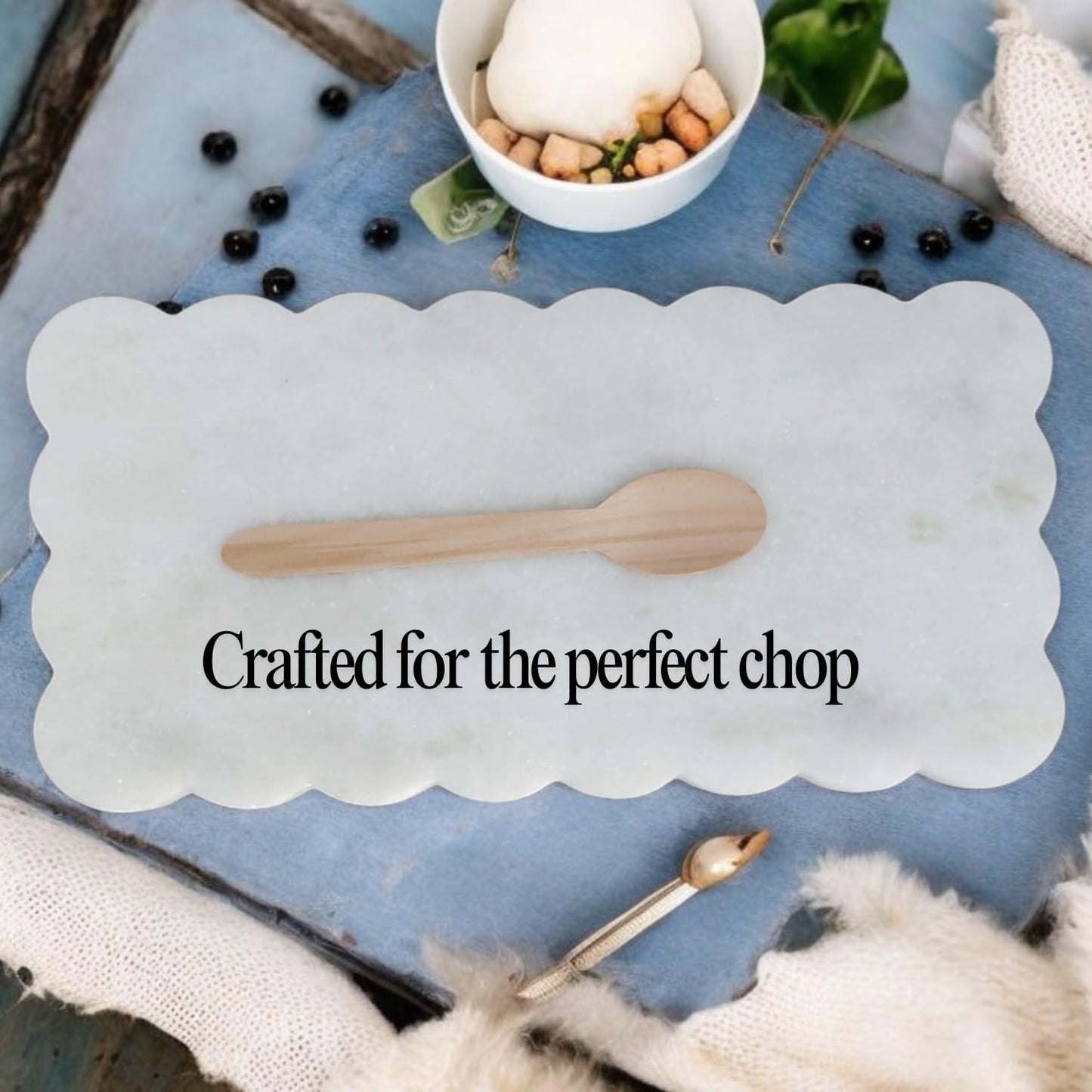 Natural Multi-Purpose Marble Charcuterie & Cutting Board with Scalloped Edge Chopping Board Decorative Vanity Bathroom Kitchen Tray Non-Slip Bumper Scratch Proof Home Decor Perfume Display 12"x6"