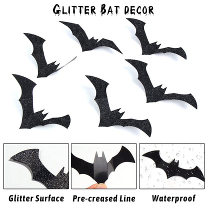 FOIMAS 144pcs Halloween Bat Wall Decor,3D Black Glitter Bats Wall Stickers Decal for Halloween Home Decoration Party Supply
