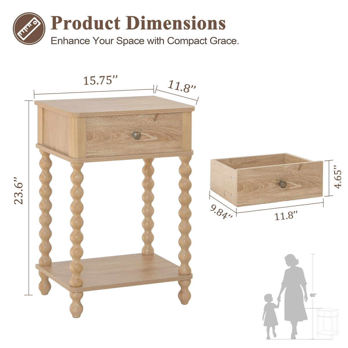 AWASEN Night Stand, Wood End Table with Drawer for Living Room, Small Bedside Side Table with Spindle Wood Legs for Bedroom, Office, Rustic Walnut