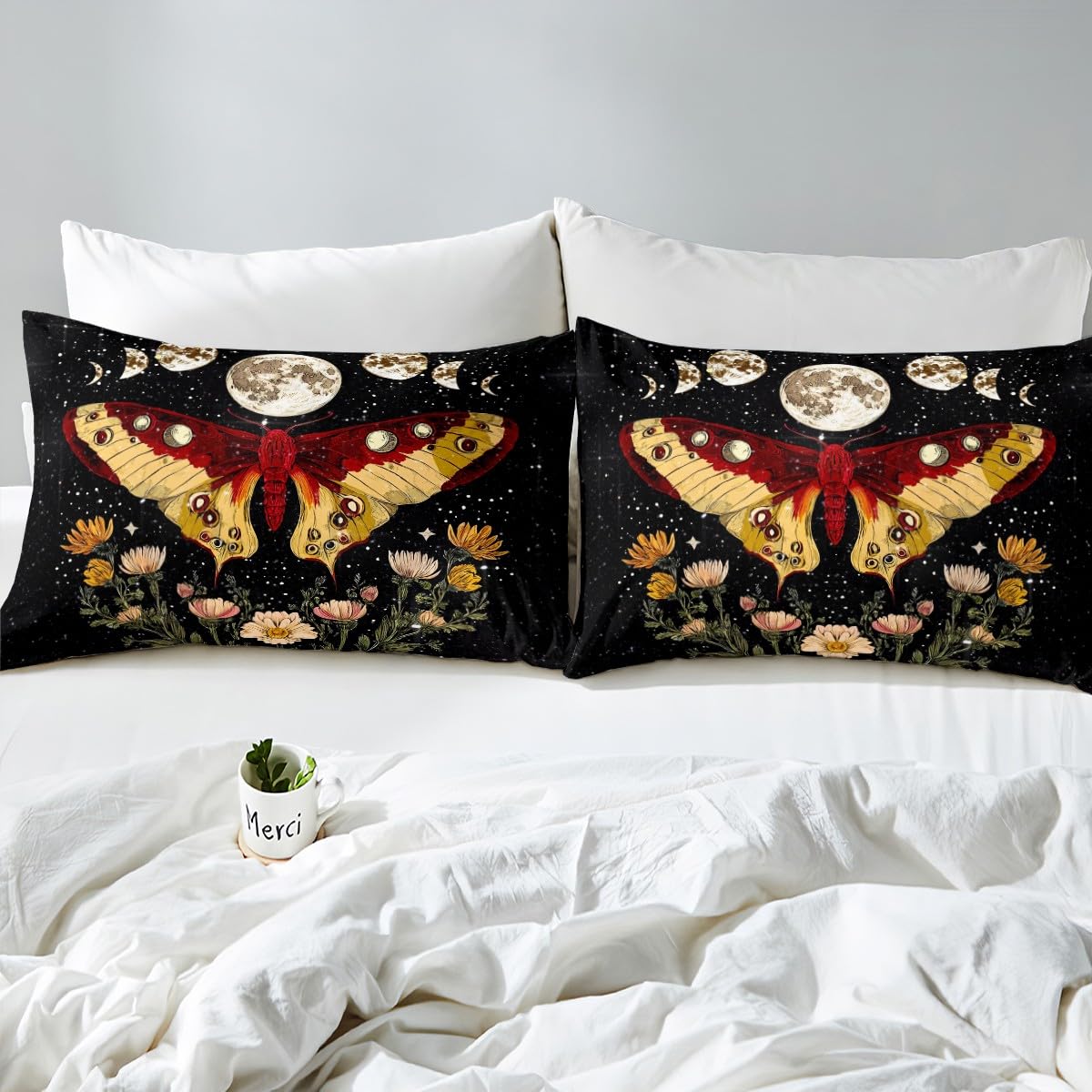 Feelyou Boho Moth Sheet Set Queen Size Kids Sun Moon Sheets with Deep Pocket Fitted Sheet for Boys Teens Gothic Bed Sheets Set Breathable Death Moth Bedding Set Botanical Floral Printed Bed Set