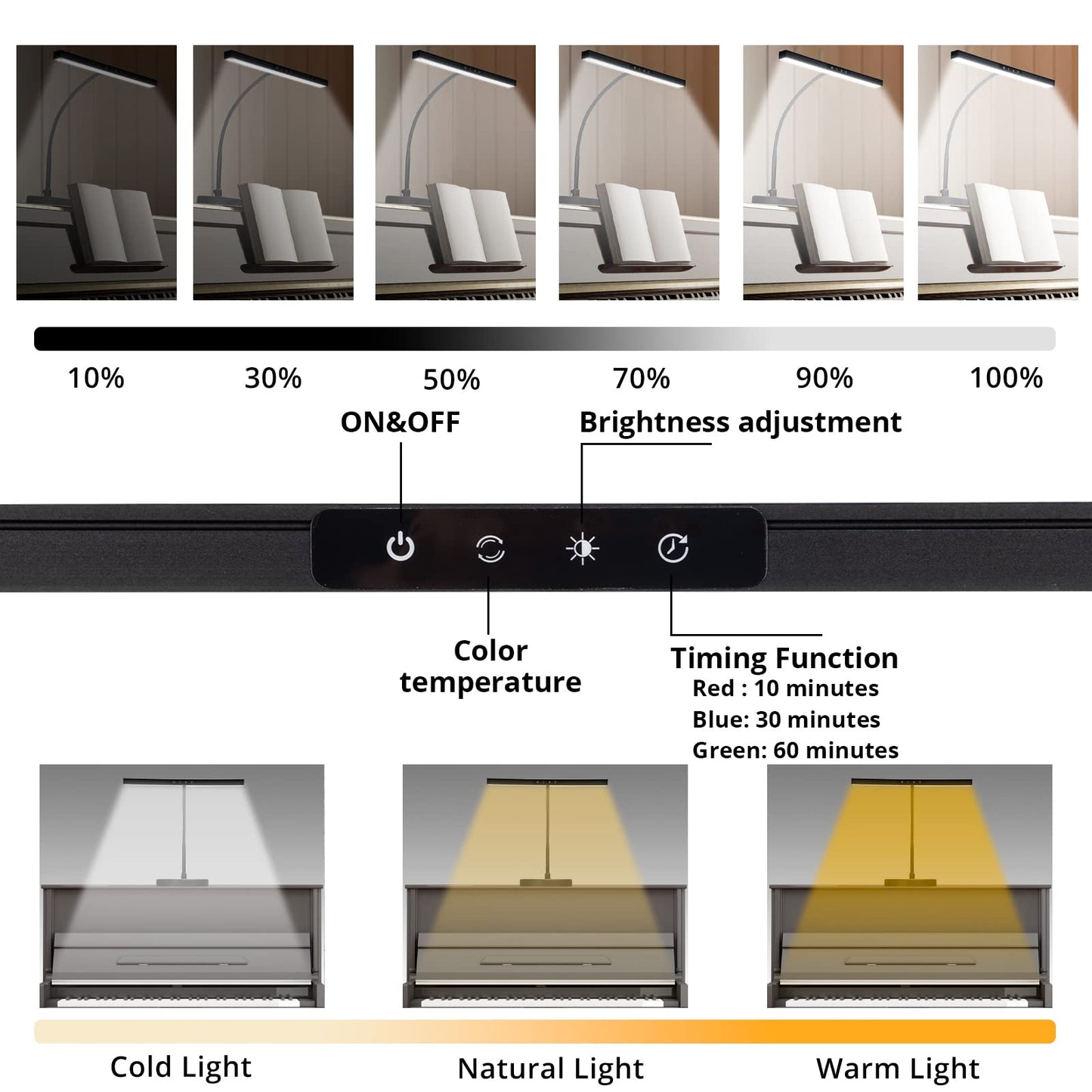CIVHOM Piano Light for Grand/Upright & Digital Pianos, Piano Lamp with 3 Color Modes for Stand Pianos, Adjustable Height and Direction, Auto-Off Timer, Music Stand Light, Desk Lamp, Table Light