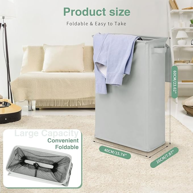 Slim Laundry Basket with Lid and Handles, Foldable Laundry Basket