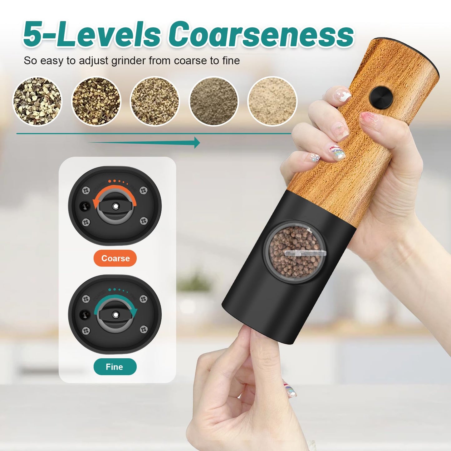Electric Salt and Pepper Grinder Set - Automatic Battery Powered Salt Grinder Salt and Pepper Shakers Set Electric with Auto Light Adjustable For Gravity Operated Wood Grain Peppercorn Mill