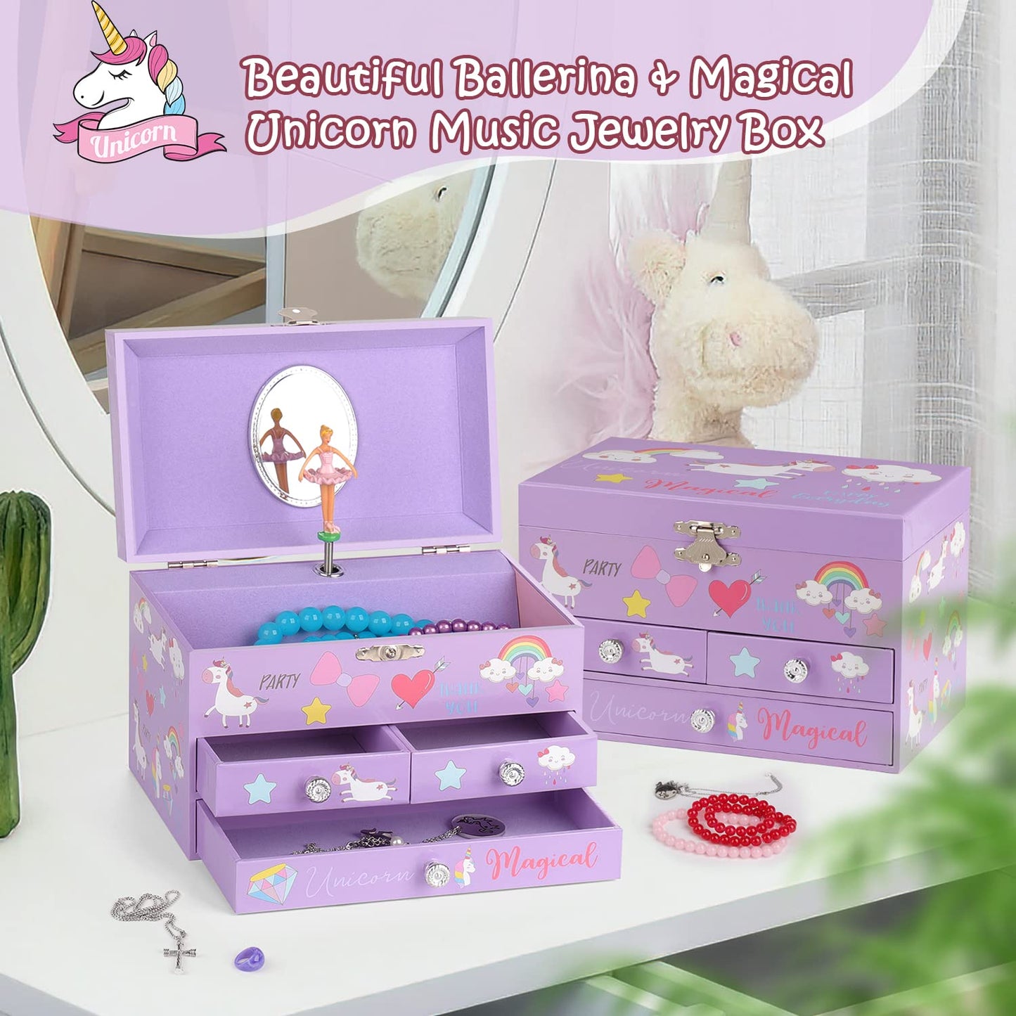 efubaby Musical Jewelry Box for Girls 3 Layer Music Box with Drawers Spinning Ballerina Unicorn Design Included Unicorn Jewelry Set Kids Birthday Christmas Gifts for Girls, Purple