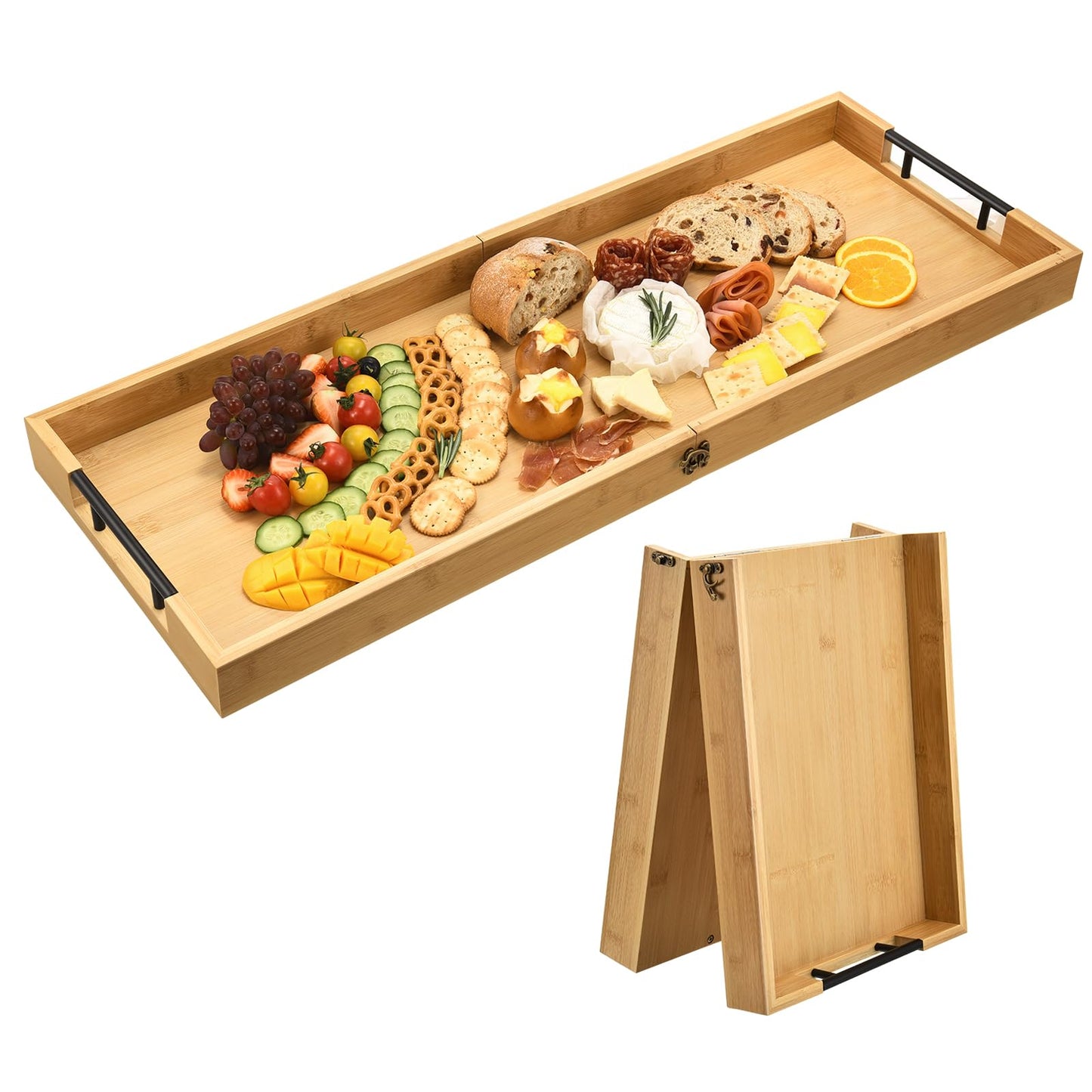 GLOKUUCA Large Charcuterie Board with Handles, 32 x 12 Inch Foldable Bamboo Serving Cheese Boards - Serving Platter for Meat, Party Appetizers, Outdoor & Fruit