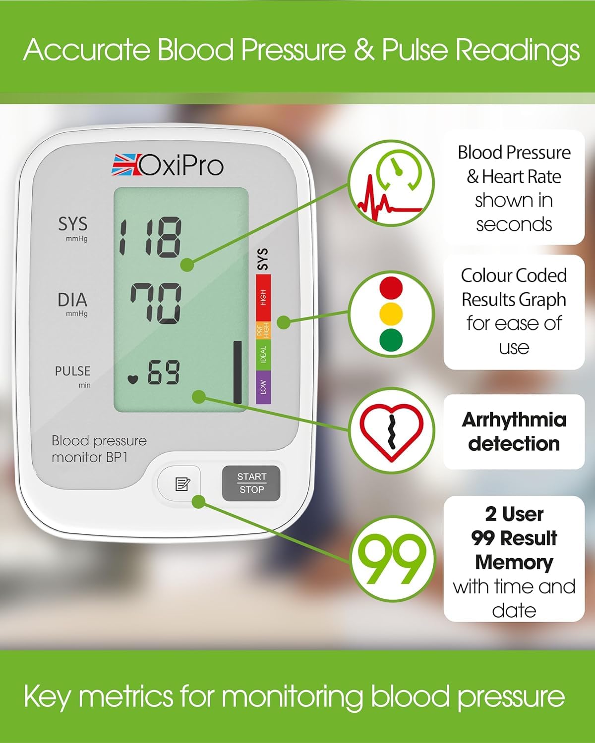 OxiPro BP1 Blood Pressure Monitors - CE Certified - MHRA Registered - UK Approved Blood Pressure Machine - BP Monitor for Home - Small to Large Cuff Blood Pressure Monitor - Certified Medical Device