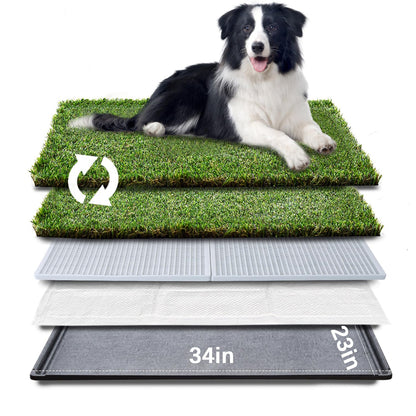 HQ4us Dog Grass pad with Tray Large Dog Litter Box Toilet 34”×23”, 2×Artificial Grass for Dogs,Pee pad, Realistic, Bite Resistance Turf, Less Stink, Potty for Balcony,