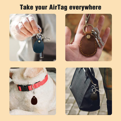 Q1T5 4 Pack Genuine Leather Airtag Holder - Hidden Holder Compatible with Apple AirTag 2nd & 1st Gen, Handmade Genuine Leather with Metal Rings - Full Coverage Case Gift Set