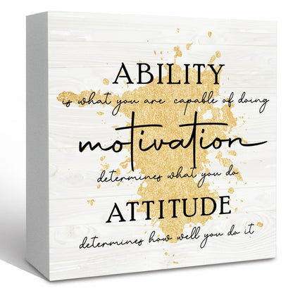 KFXHANGD Gold Office Inspirational Quotes Wooden Box Sign Desk Decor, Ability Motivation Attitude Decorative Signs, Motivational Home Shelf Desk Decor 5x5 Inch