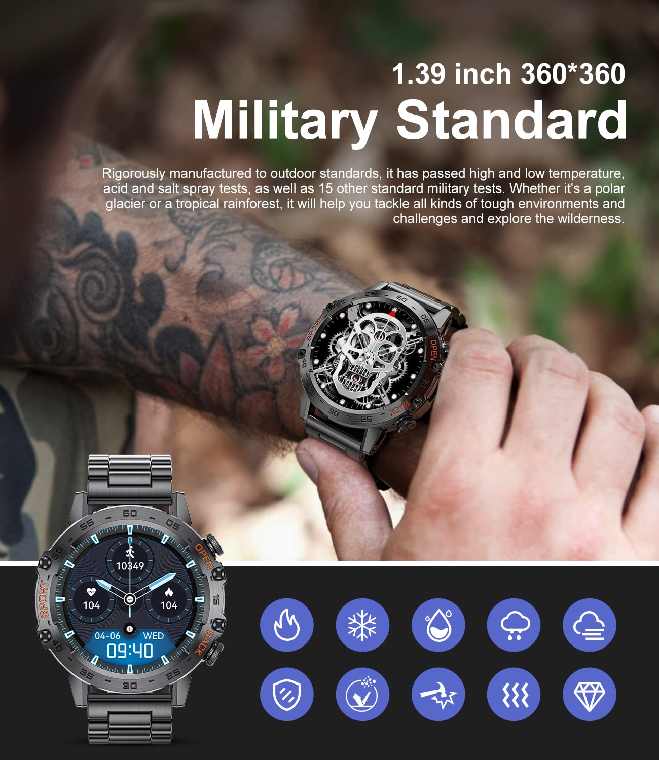 Military Smart Watch for Men, Smart Watches with Bluetooth Voice Call Compatible Android iOS Phone, Smartwatch with Heart Rate SpO2 Pressure Sleep Monitor, IP67 Waterproof Tactical Fitness Watch