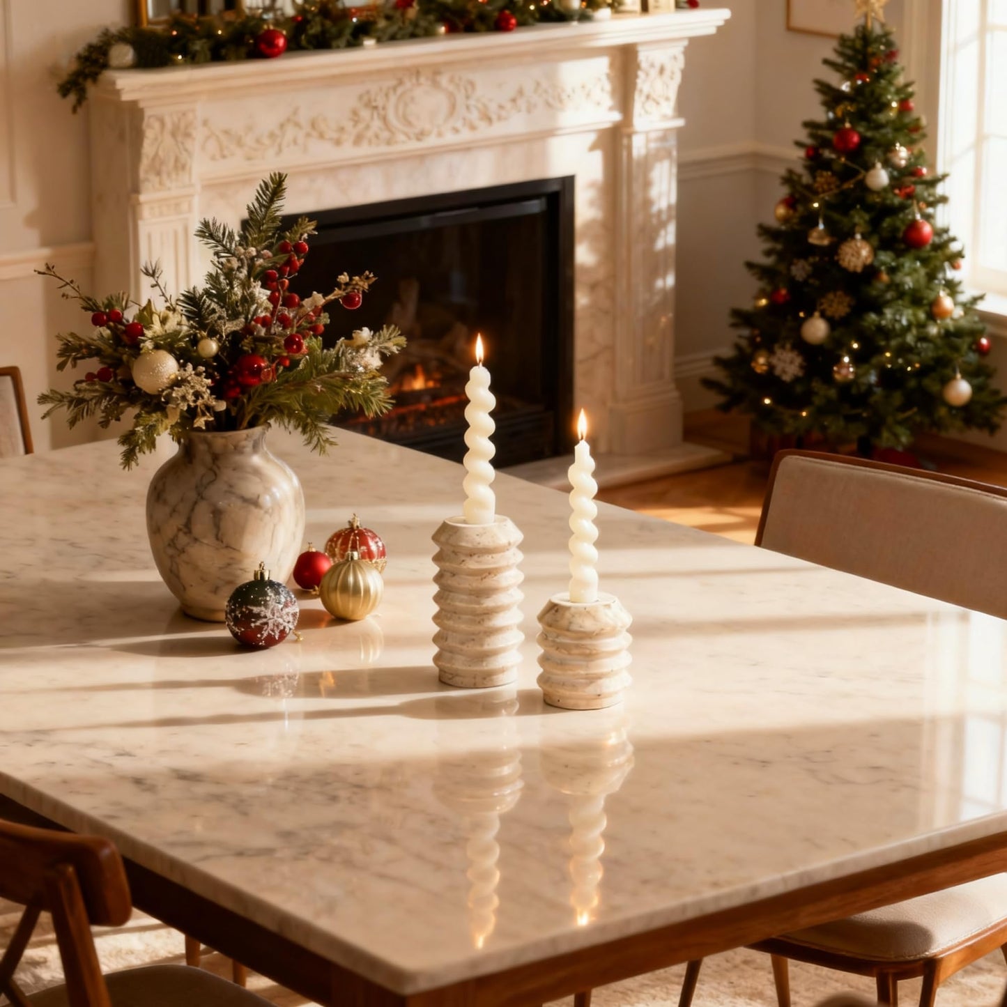 WORHE Candle Holders True Natural Travertine Stone 0.4" Thick, Set of 2 Premium Marble Candlestick Holder for Wedding Dinning Party, Candle Stand for 3/4 inch Thick Candles Color White (ZT002)
