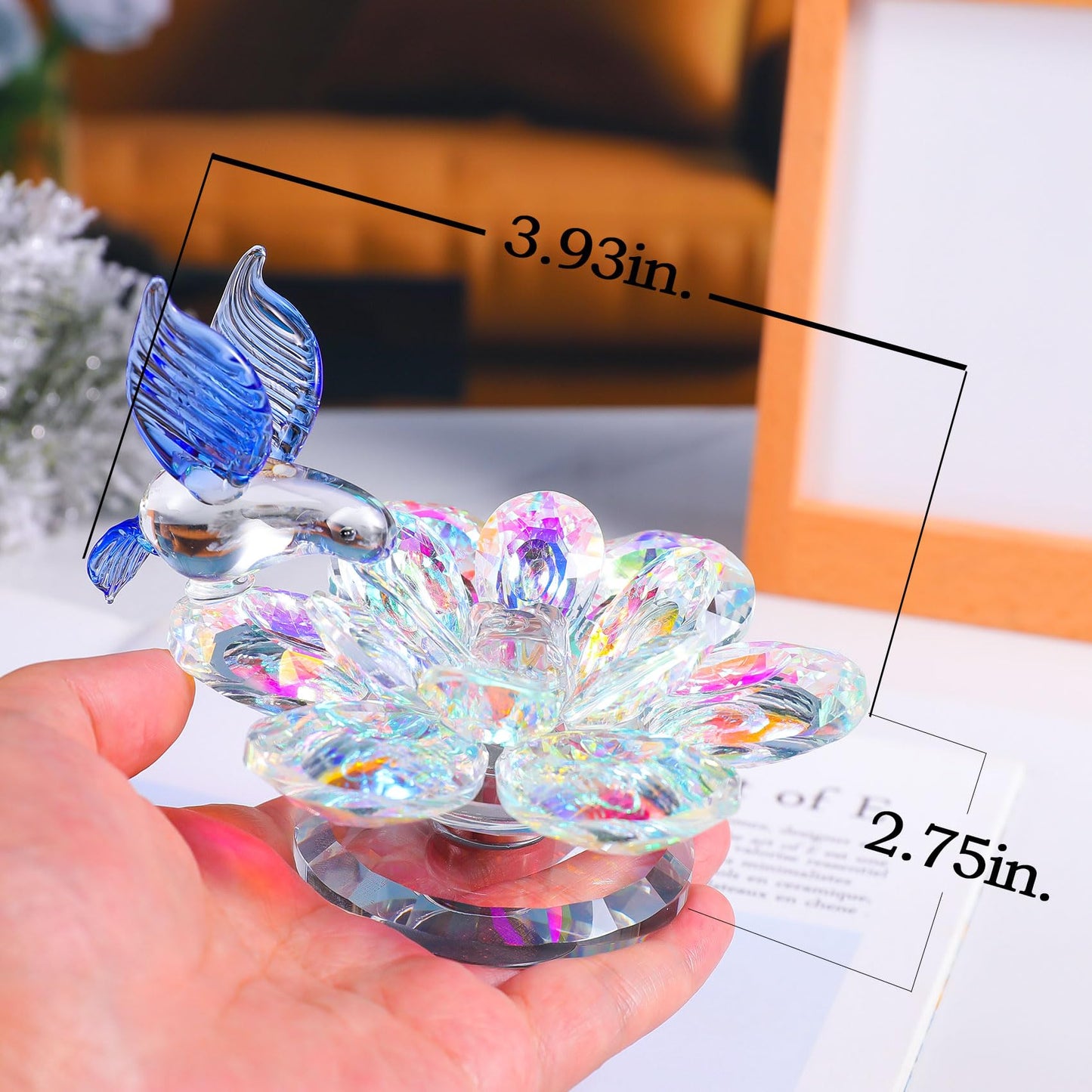 Movdyka Crystal Figurine Lotus Flower Decor Blue Hummingbird