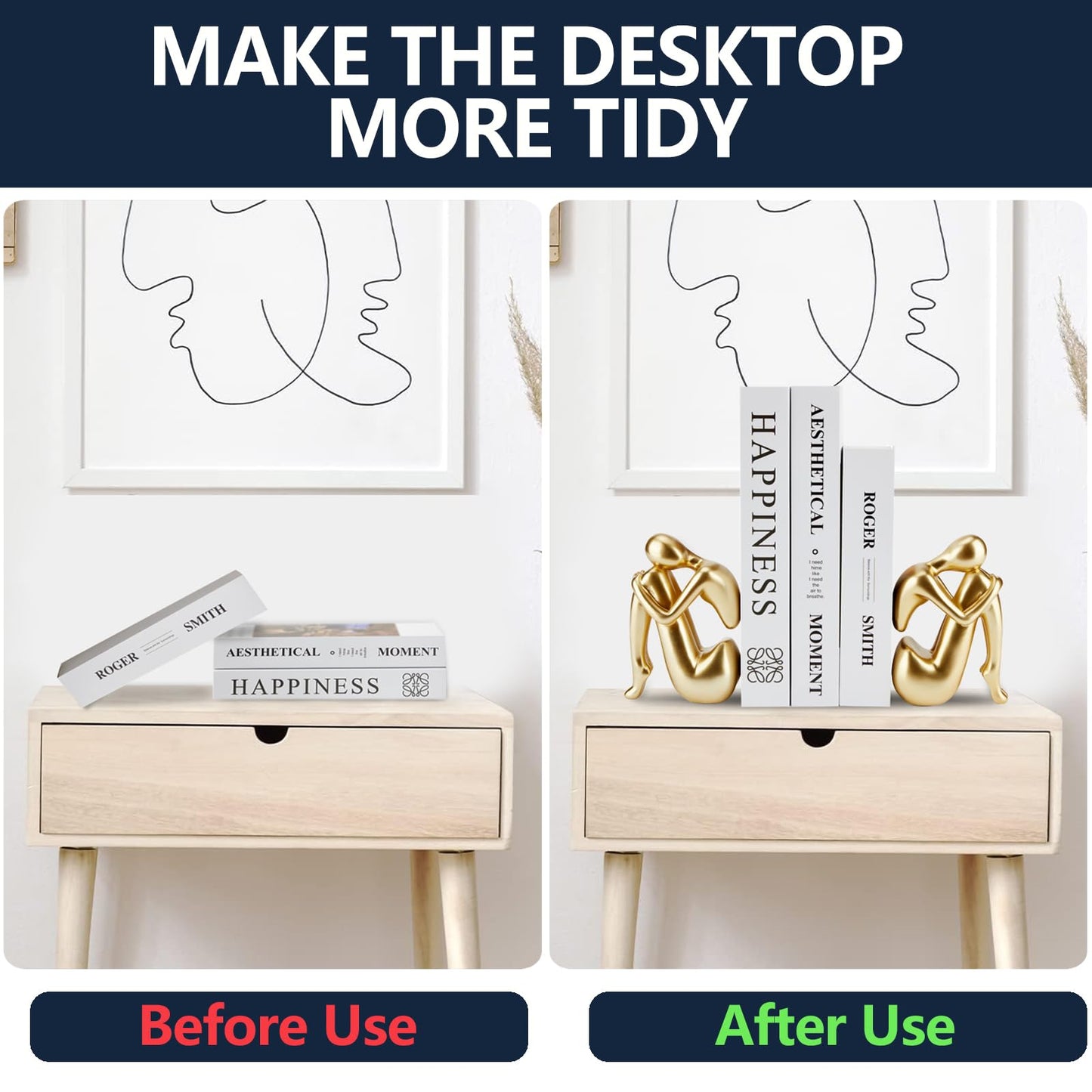 Xmeden Gold Bookends Book Ends, Unique Decorative Girl Thinker Design,Non-Slip Home Office Bookshelf Decor, Modern Book Holder for Shelves, Heavy Duty Resin Book Stopper for Books,1Pair/2Piece