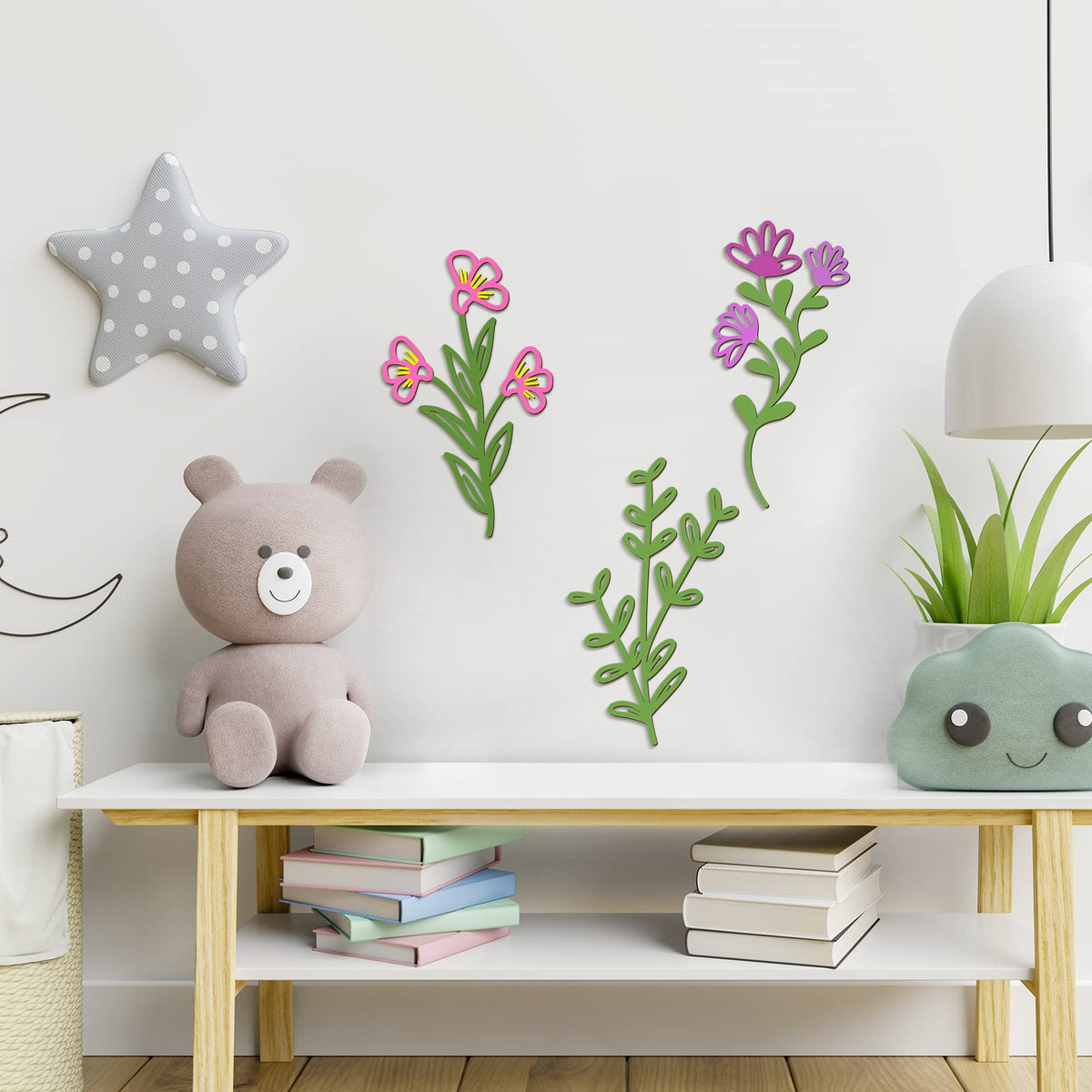 PerKoop 8 Pcs 3D Wooden Flowers Wall Decor, Unfinished Paintable Boho Wildflowers Hanging Sculpture for DIY Craft, Nursery, Bedroom, Living Room, Housewarming Gifts, Home Decorations(Elegant Style)