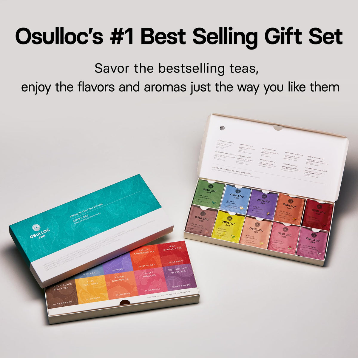 OSULLOC Premium Tea Collection (40 count, 10 flavors x 4 ea), Self Care Sampler Gift Box Variety Pack, Premium Organic Pure & Blended Tea from Jeju