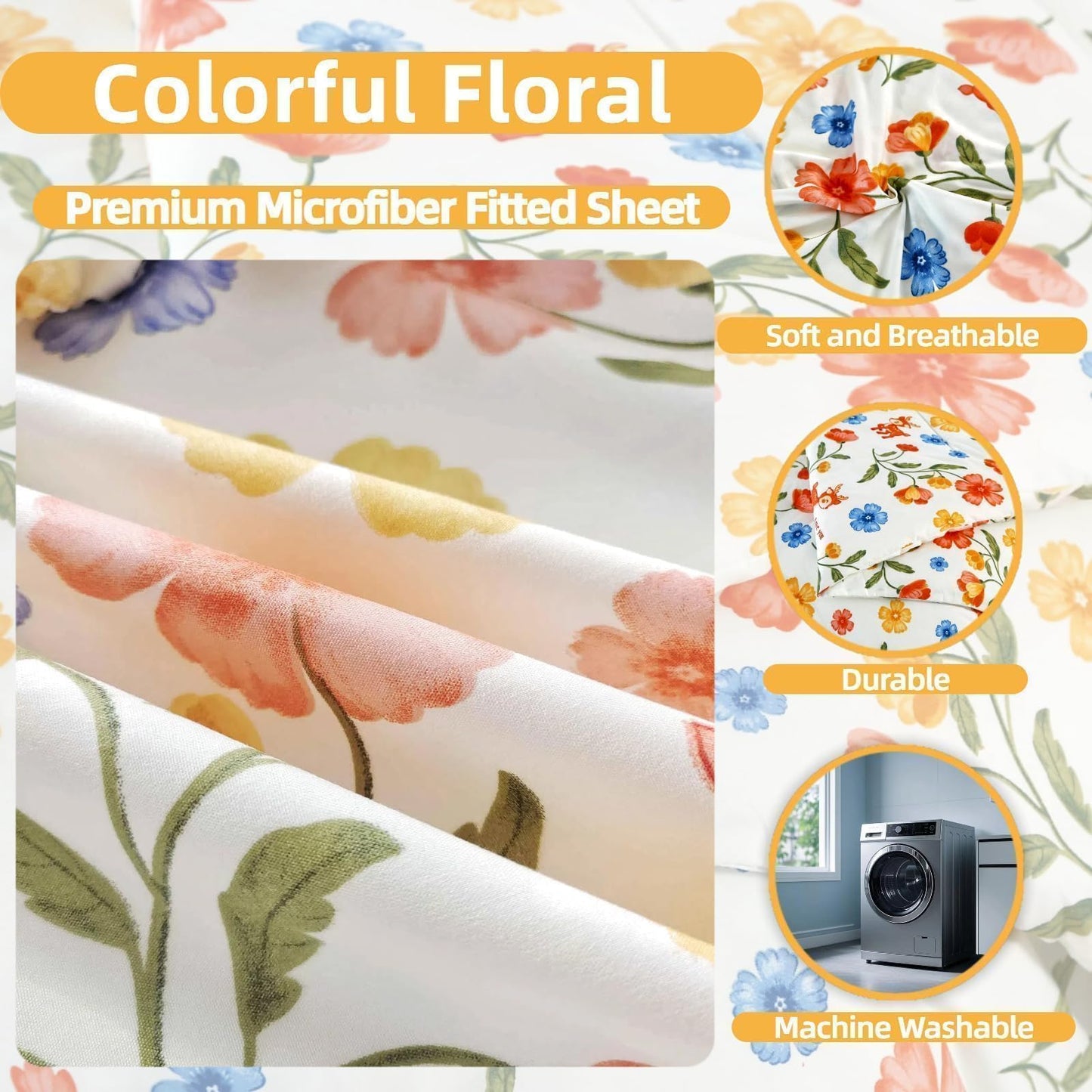 SDIII Reindeer and Floral Full Size Fitted Sheet with 2 Pillowcases, Deep Pocket Soft Microfiber Fawn and Floral Full Size Sheet All Season