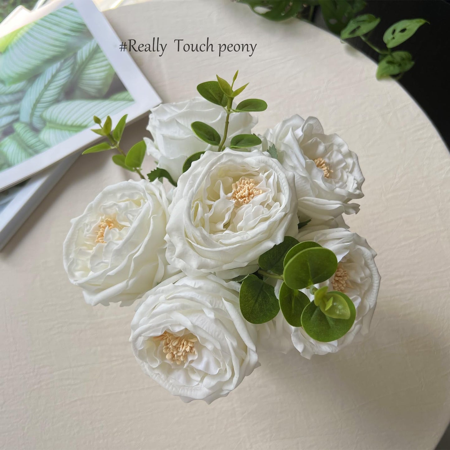 Bucoke Artificial Flowers in vase, Vivid Faux Rose Flowers Arrangements, Austin Rose Centerpieces for Tables, Flower Ornaments and Flower Arts for Living Room (White)
