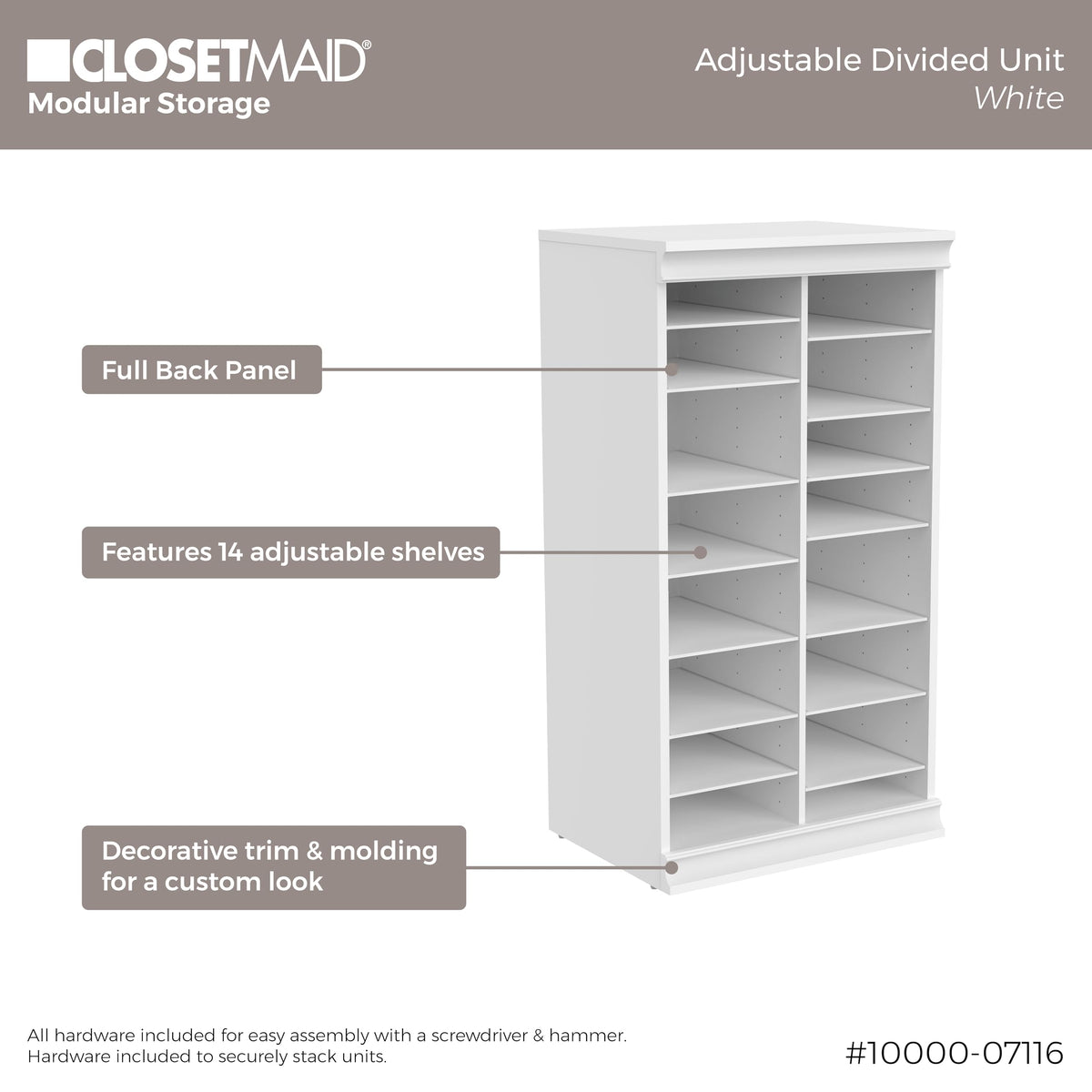 ClosetMaid Modular Adjustable Divided Storage Shelving Unit Organizer, 15.94-Inch D x 40.3-Inch H x 21.38-Inch W, White