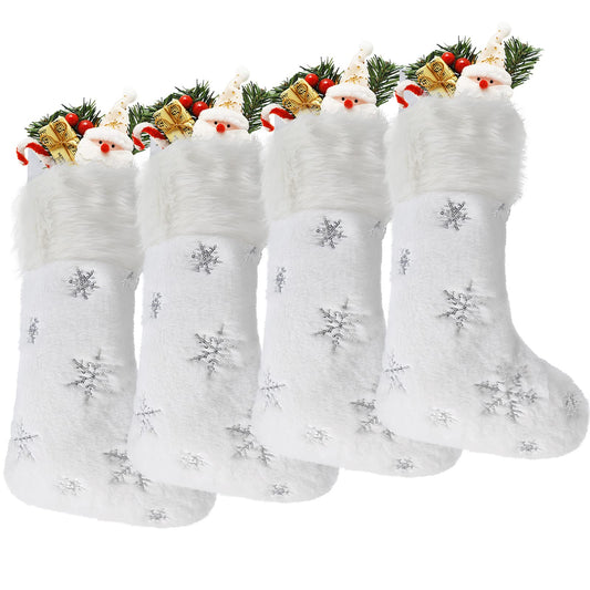 DIYASY White Christmas Stockings, 4 Pack Large Faux Fur Christmas Stockings with Silver Sequin Snowflakes Personalized Christmas Stocking for Fireplace Hanging and Holiday Party Decoration 17.5 Inches