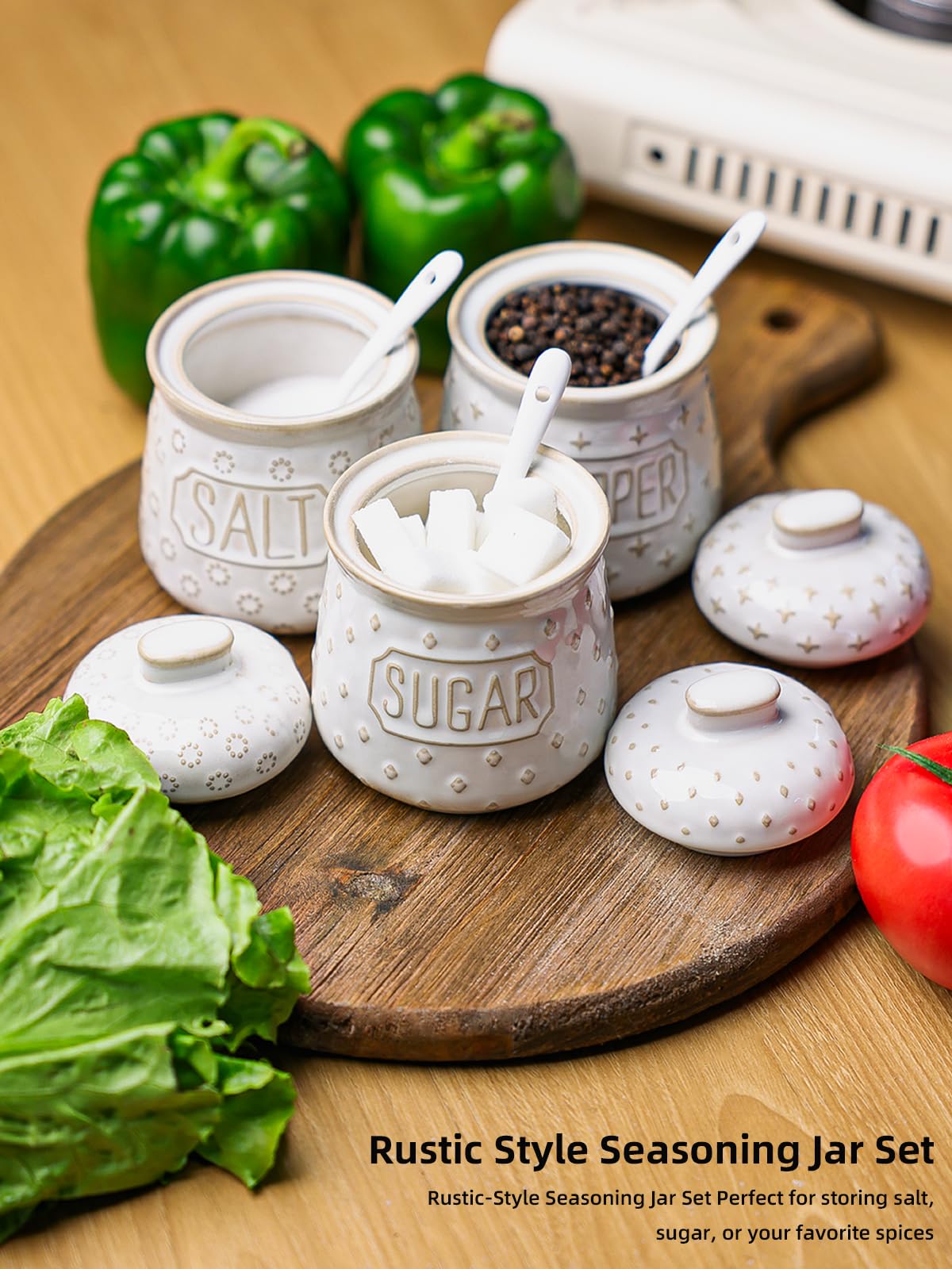 GDCZ 10 Oz Sugar Pepper and Salt Bowls with Lid and Spoon, Ceramics Seasoning Container, Seasoning Jar Spice Container for Kitchen,Dishwasher Safe, Set of 3 (White)