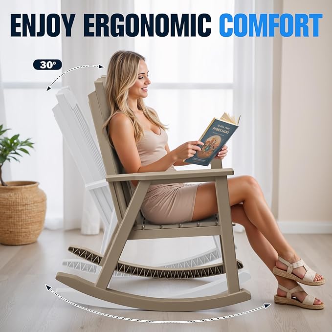 Devoko PP Material Rocking Chair Outdoor Indoor All Weather High Back Patio Rocker for Adult Heavy Duty Rocking Chair for Patio Backyard Porch Garden (Heavy Duty, Light Brown)