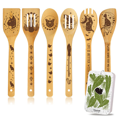 Gothic Magic Cat Engraved Bamboo Spoons (6 Pcs) | Witchy Kitchen Utensils for Halloween, Goth Home Decor, Spooky Housewarming & Birthday Gifts