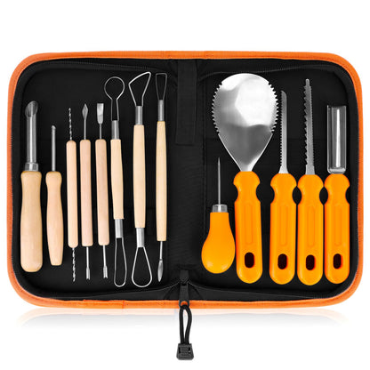 Elmchee Halloween Pumpkin Carving Tools, Halloween Jack-O-Lanterns 13 Piece Professional pumpkin cutting supplies tools Kit stainless steel lengthening and thickening