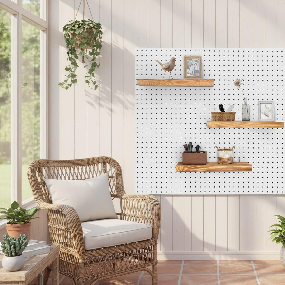 Wood Pegboard Shelves & Brackets Set - 3Pack 1/4 inch Peg Board Display Racks 14" x 4" Slat with Lip - Aesthetic Display & Storage Shelf for Room Office Craft Studio Workshop Workspace Garage (Brown)