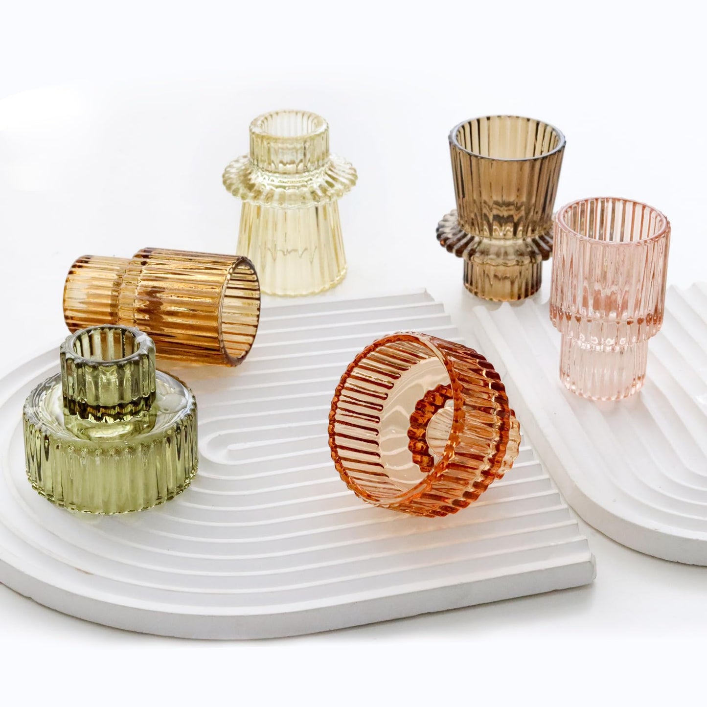 SYFURNIX Brown Candlestick Holders 12PCS Ribbed Glass Taper Candle Holders Set for Tealight Candlestick Candles, Table Centerpieces for Thanksgiving Christmas Farmhouse Decor Indoor and Outdoor