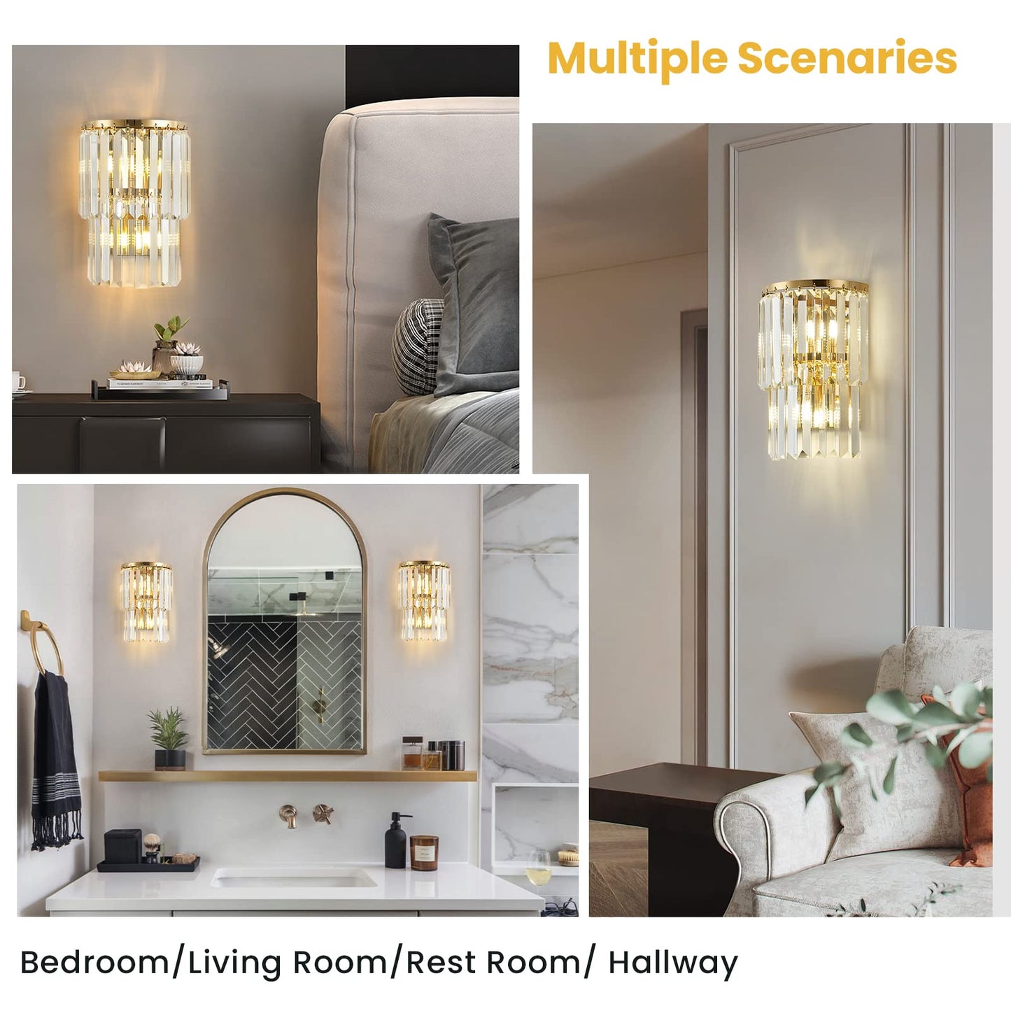 Siljoy 2-Lights Modern Crystal Wall Light, 2-Tiers Crystal Bedside Wall Mount Lighting Fixture, Mirror Gold Stainless Steel K9 Crystal Wall Sconce for Bedroom Living Room Hallway H10'' x L8''